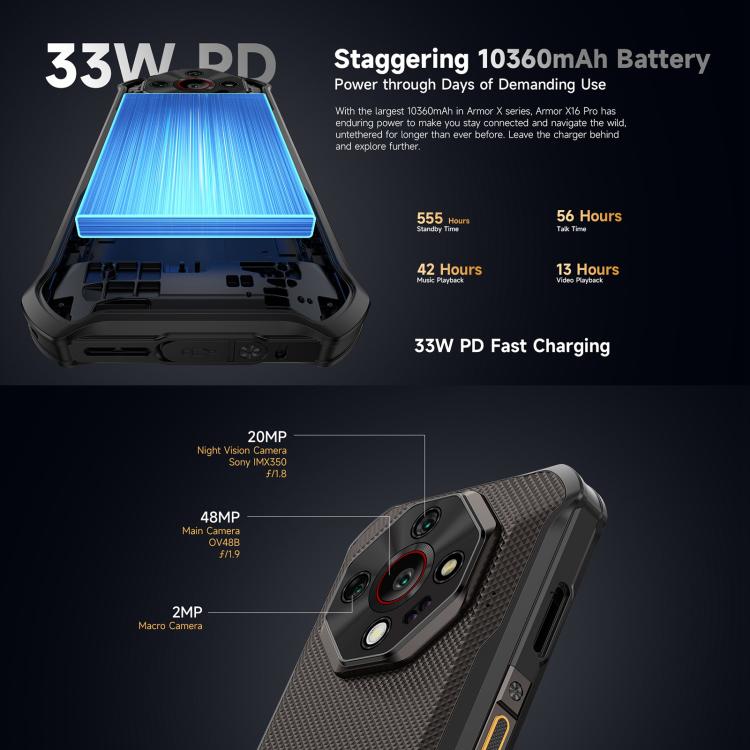 Ulefone Armor X16, 6GB+128GB, Night Vision, IP68/IP69K Rugged Phone, 6.56 inch Android 15 MediaTek Helio G91 Octa Core, Network: 4G, NFC, OTG