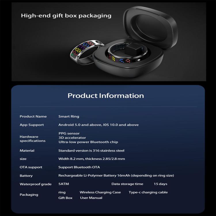 R12 SIZE 8 Smart Ring, Support Heart Rate / Blood Oxygen / Sleep / Multiple Sports Modes